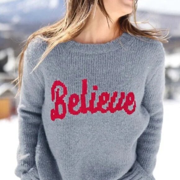 Wooden Ships Believe Red Grey Cozy Chunky Knit Pullover Crewneck Sweater M L - Picture 7 of 7